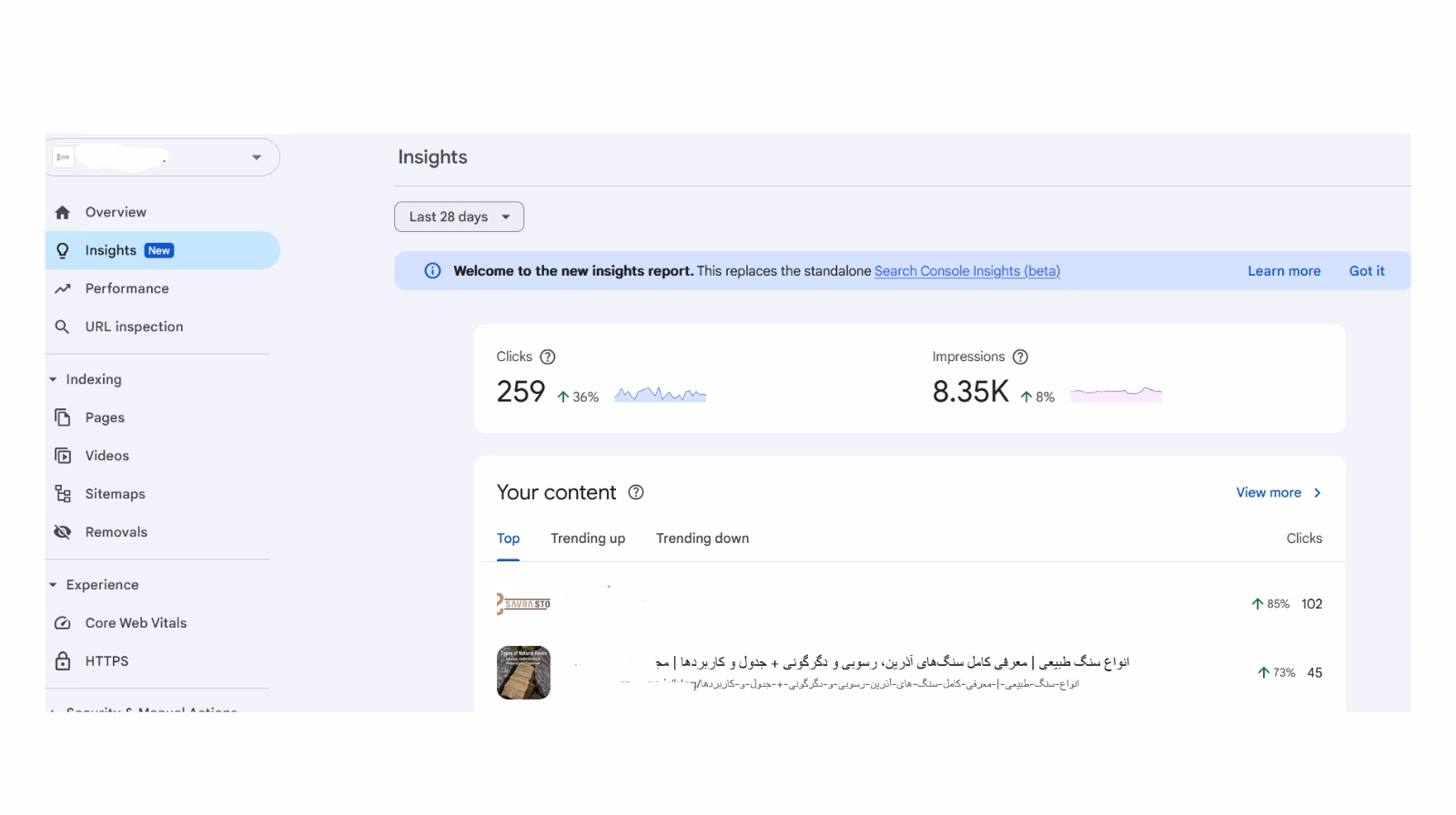 بخش insight گوگل سرچ کنسول